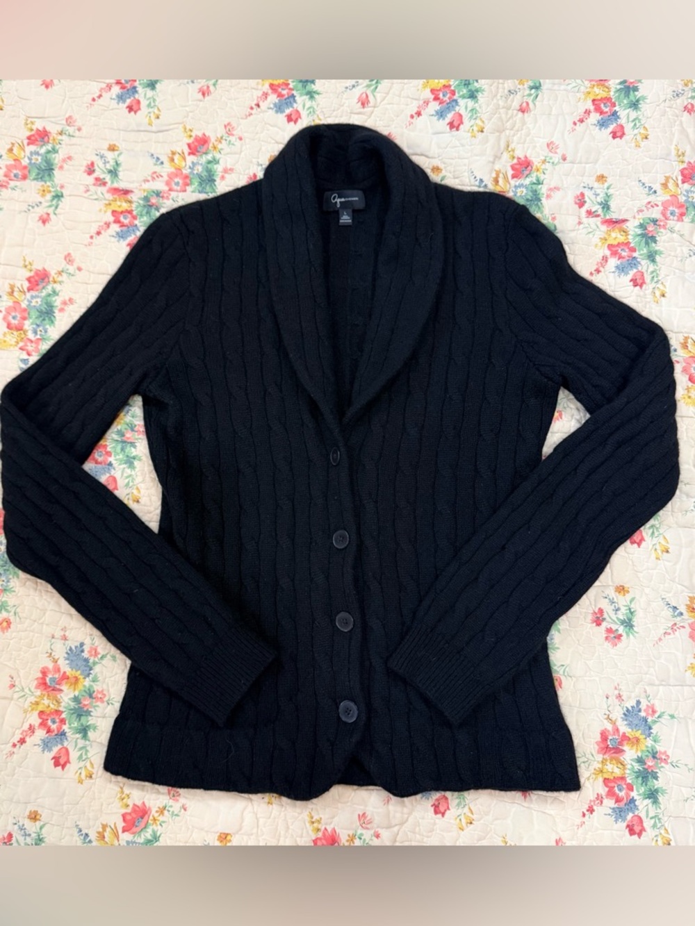 Aqua Cable Knit Shawl Collar Cashmere Cardigan Black - Large